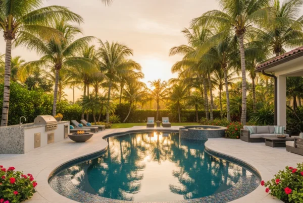 Custom pool and outdoor living area with tropical landscaping in Florida