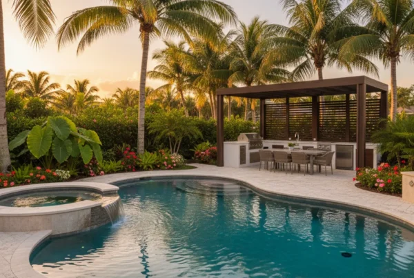 Custom pool and outdoor living area with tropical landscaping in Florida