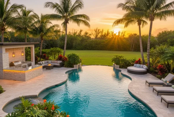 Custom pool and outdoor living area with tropical landscaping in Florida