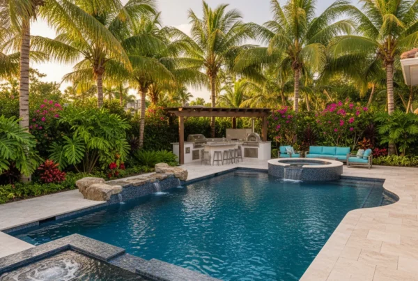 Custom pool with tropical landscaping and outdoor kitchen in Florida
