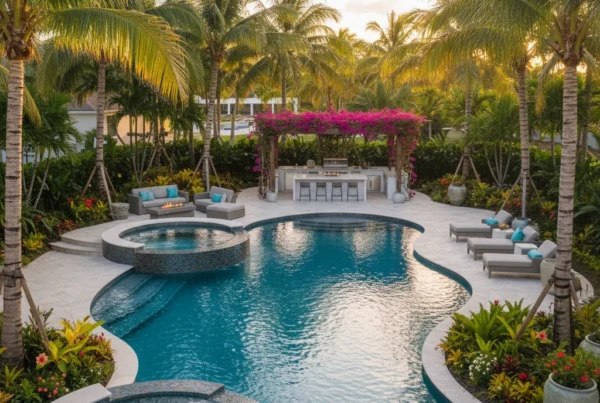 Custom pool and outdoor living area with palm trees in Florida