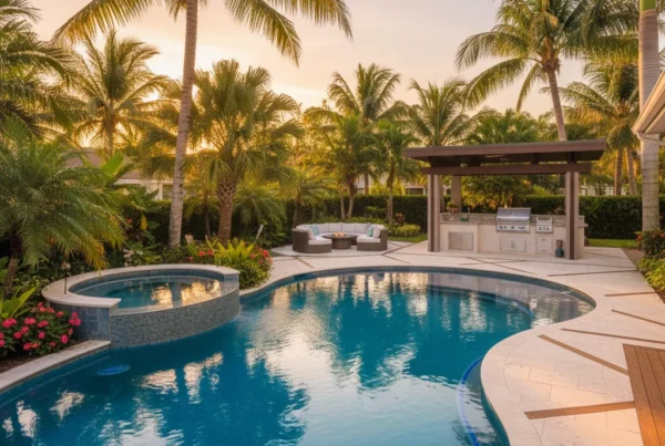 Custom pool and outdoor living area with tropical landscaping in Florida