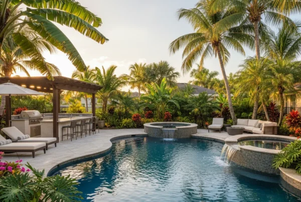 Custom pool and outdoor living area with tropical landscaping in Florida