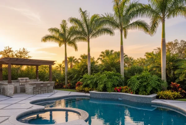 Custom pool and outdoor living area with tropical landscaping in Florida