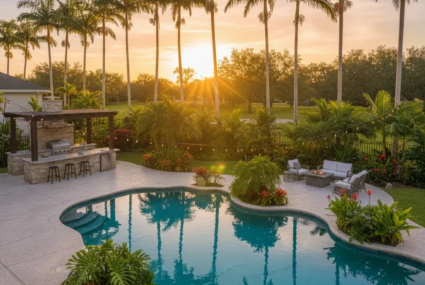 Custom pool and outdoor living area with tropical landscaping in Florida