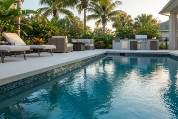 Custom pool with new tile replacement in Central Florida with tropical landscaping