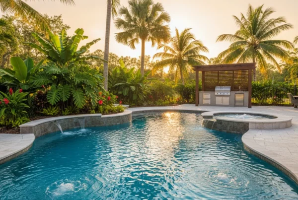 Custom pool with tropical landscaping and outdoor kitchen in Central Florida
