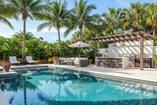 Custom pool and outdoor living area with tropical landscaping in Florida