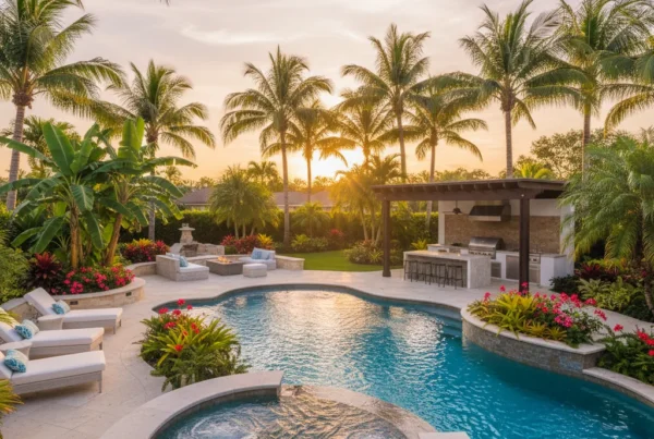 Florida backyard with custom pool, palm trees, and outdoor kitchen at golden hour