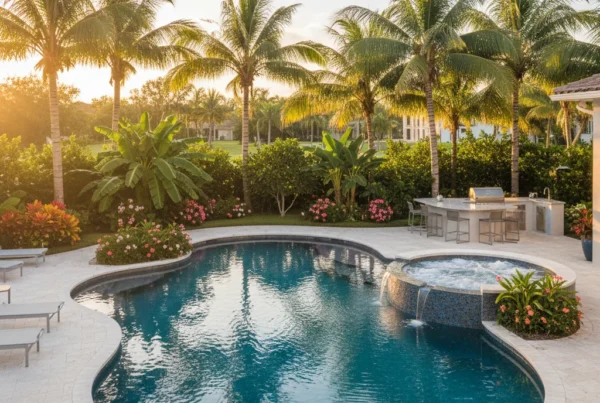 Custom pool and outdoor living area with tropical landscaping in Florida