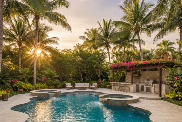 Custom pool and outdoor living area with tropical landscaping in Florida