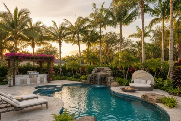 Custom pool and outdoor living area with tropical landscaping in Florida