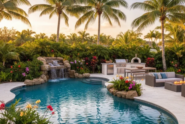 custom pool and outdoor living area with tropical landscaping in Florida