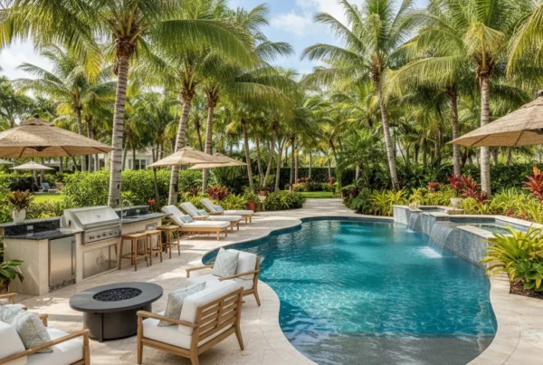 Custom pool with tropical landscaping and outdoor kitchen in Florida