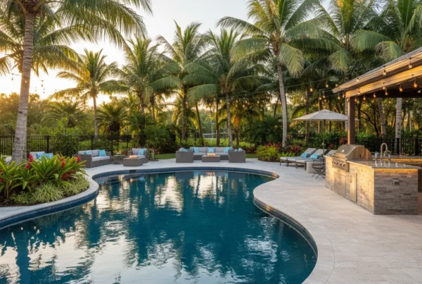 Custom pool and outdoor living area with tropical landscaping in Florida