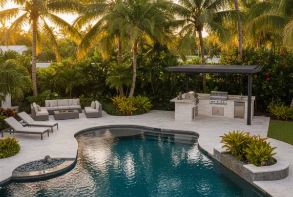 Custom pool and outdoor living area with tropical landscaping in Florida