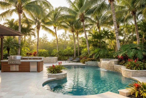 Custom pool and outdoor living area with tropical landscaping in Florida