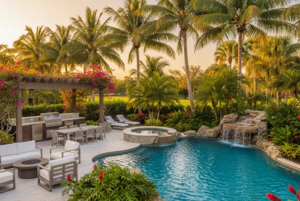 Custom pool and outdoor living area with tropical landscaping in Florida