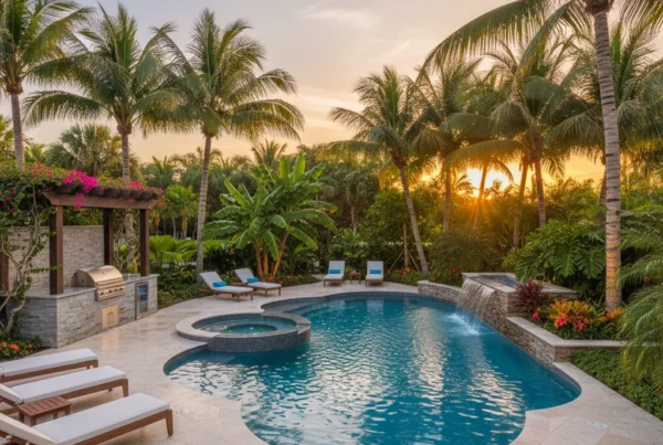 custom pool and outdoor living area with palm trees in florida