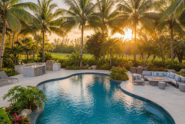 Custom pool and outdoor living area with tropical landscaping in Florida