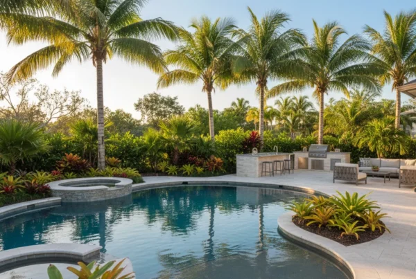 Custom pool and outdoor living area with tropical landscaping in Florida