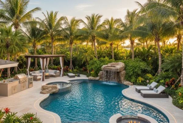 Custom pool and outdoor living area with tropical landscaping in Florida