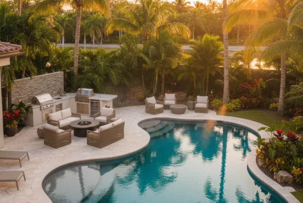 Custom pool and outdoor living area with tropical landscaping in Florida