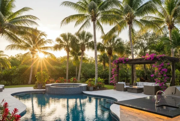 Custom pool and outdoor living area with tropical landscaping in Florida