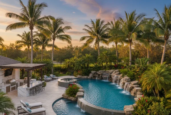 custom pool and outdoor living area with tropical landscaping in florida