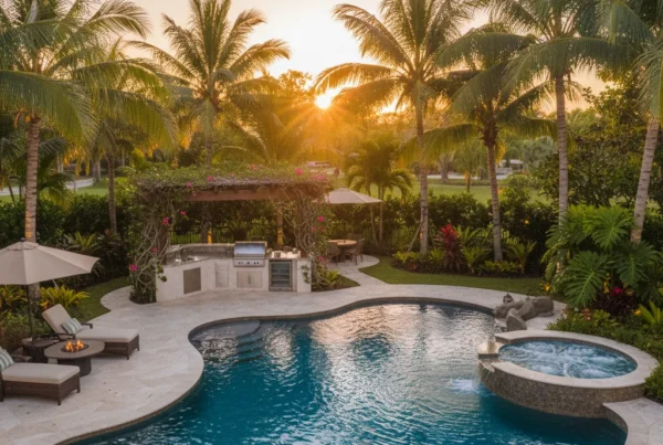 custom pool and outdoor living area with tropical landscaping in Florida
