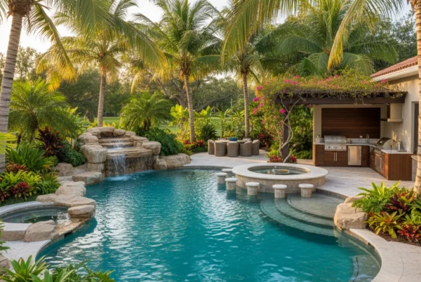 Custom pool and outdoor living area with tropical landscaping in Florida