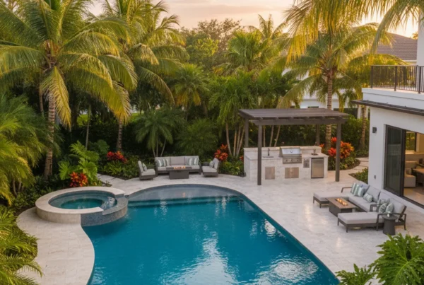 Custom saltwater pool with tropical landscaping in Central Florida backyard