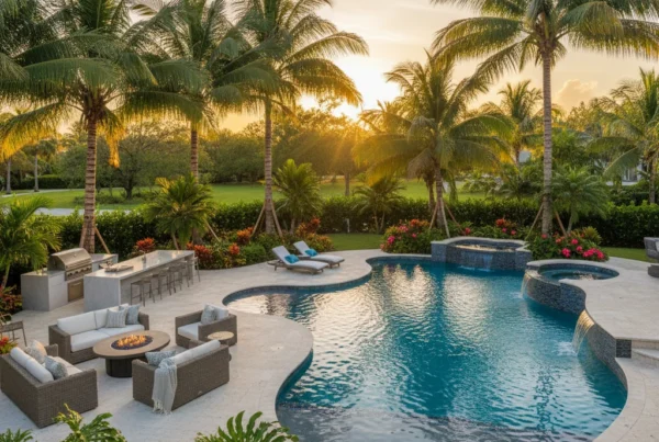 custom pool and outdoor living area with tropical landscaping in Florida