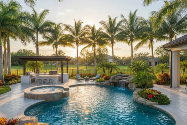 Custom pool and outdoor living area with tropical landscaping in Florida