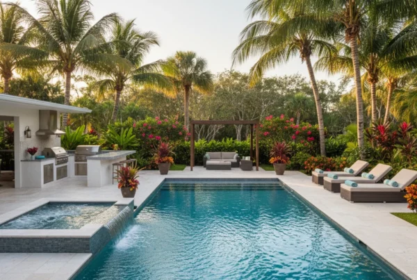 Custom pool and outdoor living area with tropical landscaping in Florida