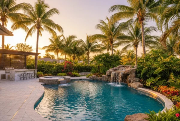 Custom pool and outdoor living area with tropical landscaping in Florida