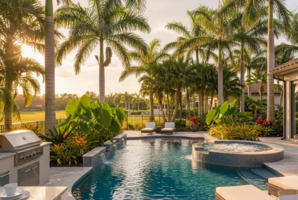 custom pool and outdoor living area with tropical landscaping in Florida