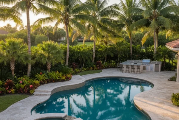 Custom pool and outdoor living area with tropical landscaping in Florida