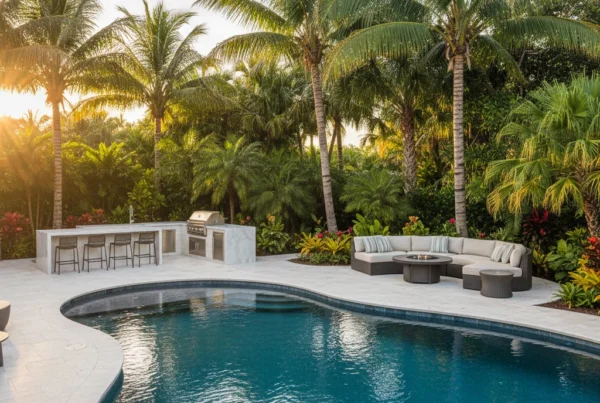 Custom pool and outdoor living area with tropical landscaping in Florida
