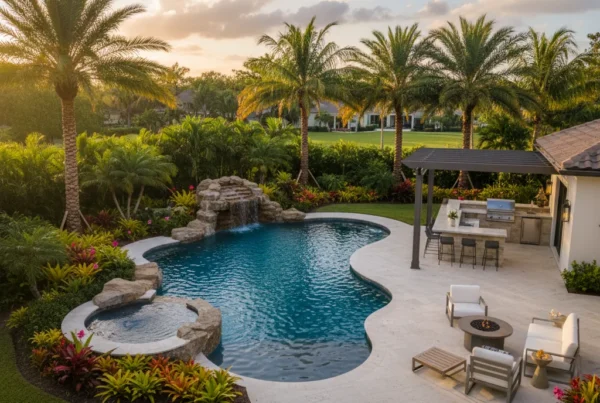 Custom pool and outdoor living area with tropical landscaping in Florida