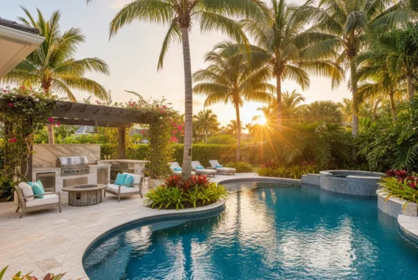 custom pool and outdoor living area with tropical landscaping in Florida