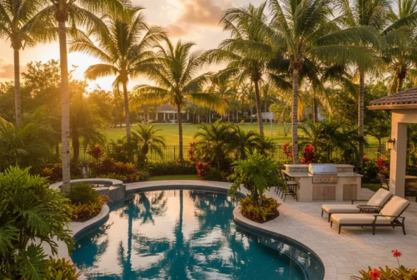 custom pool and outdoor living area with tropical landscaping in Florida
