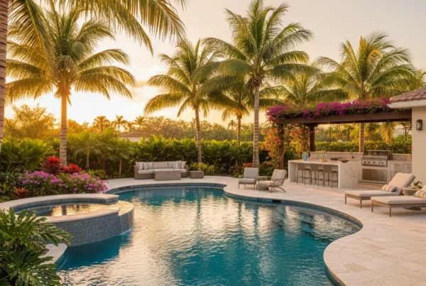 Custom pool with tropical landscaping and outdoor kitchen in Florida