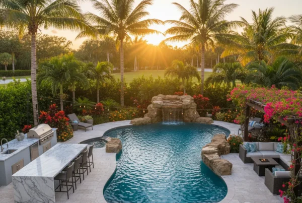 Custom pool and outdoor living area with tropical landscaping in Florida