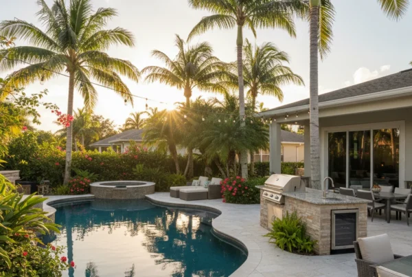 Custom pool and outdoor living area with tropical landscaping in Florida