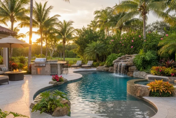 Custom pool and outdoor living area with tropical landscaping in Florida