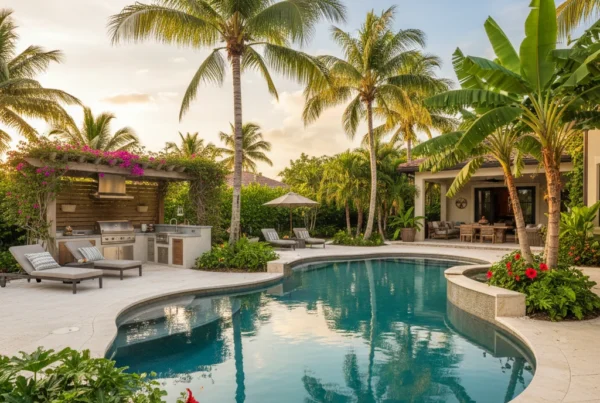 Custom pool and outdoor living area with palm trees in Florida