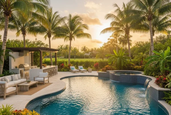 Custom pool and outdoor living area with tropical landscaping in Florida