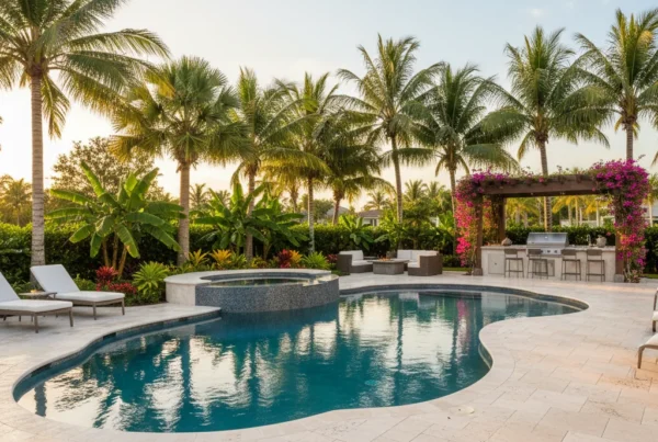 custom pool and outdoor living area with tropical landscaping in Florida