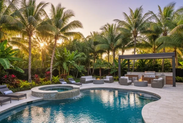 Custom pool and outdoor living area with tropical landscaping in Florida